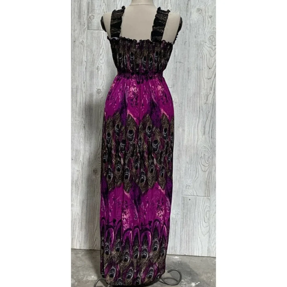 NWT V-Neck Sleeveless Purple & Peacock Print Stretch Maxi Dress Sundress M 09 - Picture 3 of 4